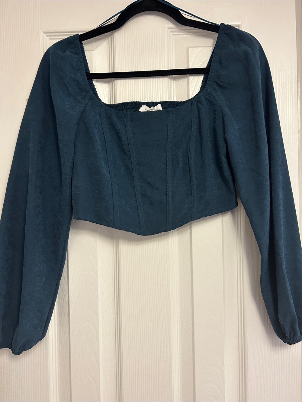 Teal Square-Neck Long-Sleeve Crop Blouse